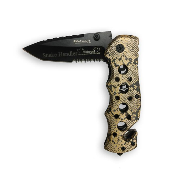 knife with copper and black snake skin handle and "snake handler" engraved on blade
