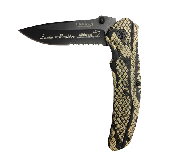 knife with tan and black snake skin handle and "snake handler" engraved on blade