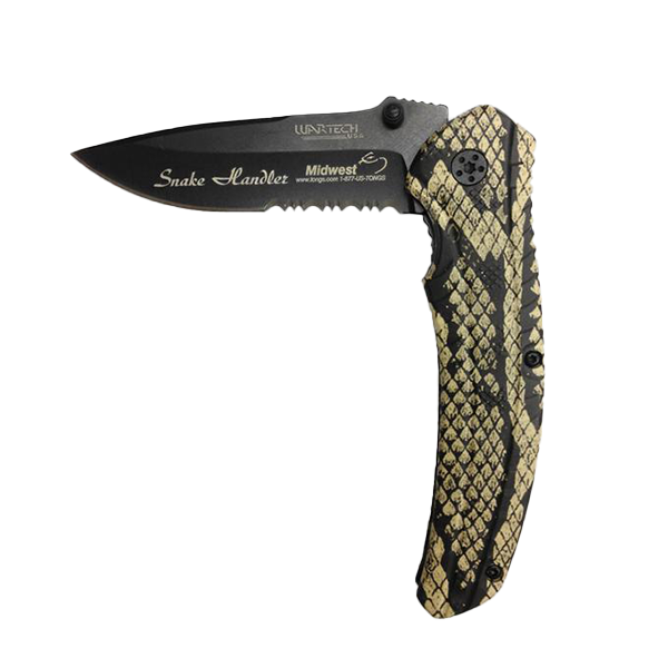 knife with tan and black snake skin handle and "snake handler" engraved on blade