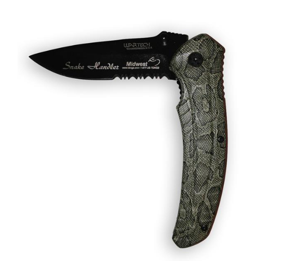 knife with green snake skin handle and "snake handler" engraved on blade