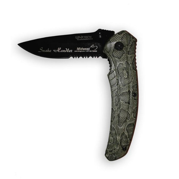 knife with green snake skin handle and "snake handler" engraved on blade