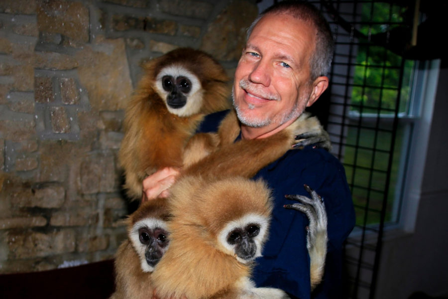 Dana Savorelli smiles while being hugged by 3 gibbon monkeys from Monkey Island Rescue
